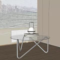Modern Glass Round Coffee Table With Books Stack And Table Lamp By Window Blinds 3d model