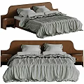 Cozy Double Bed With Wooden Headboard Striped Bedspread And Nightstands