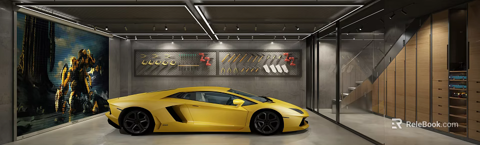 Modern Parking Garage Interior With Yellow Lamborghini Lighting Design And Decorative Wall Patterns 3d model 