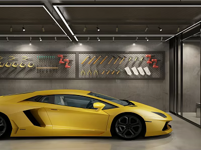 Modern Parking Garage Interior With Yellow Lamborghini Lighting Design And Decorative Wall Patterns 3d model