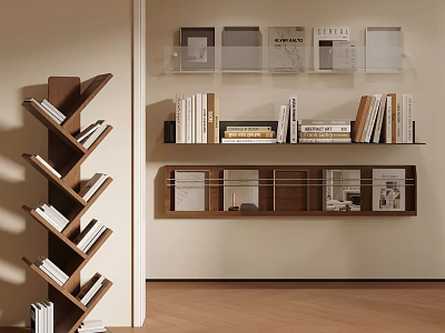 Modern Wooden Glass Display Shelving Units Slant Floor and Wall Mounted for Books 3d model