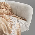 White Plush Accent Chair with Knitted Beige Cushion and Tasseled Blanket