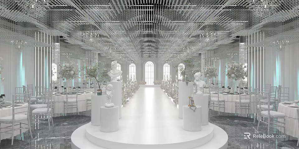 Elegant White Banquet Hall Interior With Crystal Chandeliers Statues Long Tables Green Plants Arched Windows 3d model 