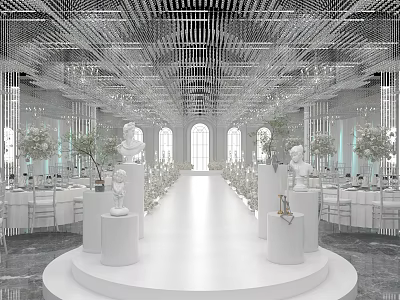 Elegant White Banquet Hall Interior With Crystal Chandeliers Statues Long Tables Green Plants Arched Windows 3d model