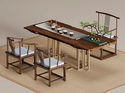 Classic Wooden Tea Table And Chairs With Traditional Design Tea Sets And Decorative Plants 3d model