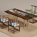 Classic Wooden Tea Table And Chairs With Traditional Design Tea Sets And Decorative Plants