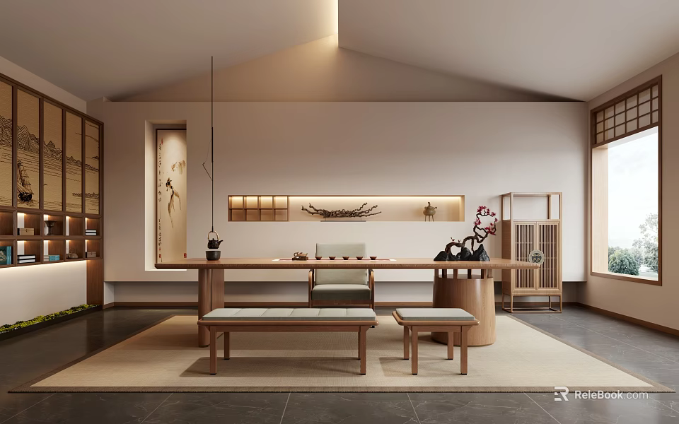 Traditional Tea Room Interior With Wooden Long Table Benches Hanging Lamp And Wall Shelf 3d model 