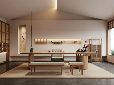 Traditional Tea Room Interior With Wooden Long Table Benches Hanging Lamp And Wall Shelf 3d model
