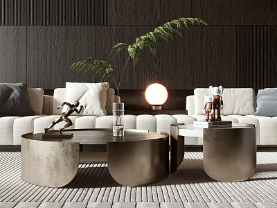Modern Coffee Table With White Sofa Wooden Wall Green Plant And Table Lamp 3d model