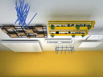 Stylish Blue Chandelier in Room with Yellow Wall White Ceiling and Plant Shelves 3d model