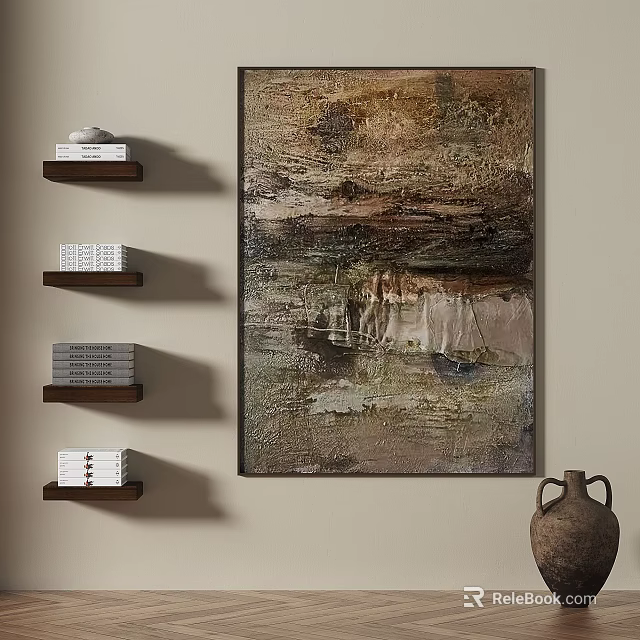 Abstract Painting With Textured Earthy Tones On Neutral Wall Near Wooden Shelves And Clay Vase 3d model 