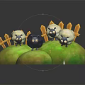 Three Adorable Little Sheep One Black Two White Standing On Green Grass With Wooden Fence