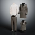 Stylish White Long Sleeve Shirt Gray Coat Pants And Vest Clothing Set