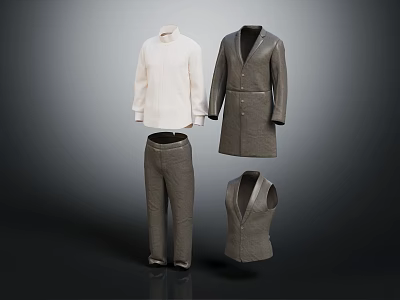 Stylish White Long Sleeve Shirt Gray Coat Pants And Vest Clothing Set 3d model