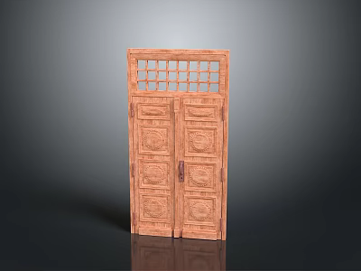 Traditional Wooden Entrance Door With Intricate Carved Patterns And Top Glass Grid Design 3d model