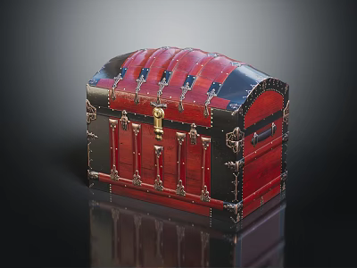 Red Vintage Treasure Chest With Ornate Metal Clasps Brass Lock And Shiny Surface 3d model