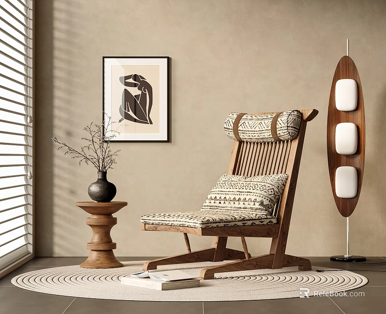 Comfortable Rattan Leisure Chair With Patterned Cushions Wooden Frame Small Side Table And Floor Lamp 3d model 