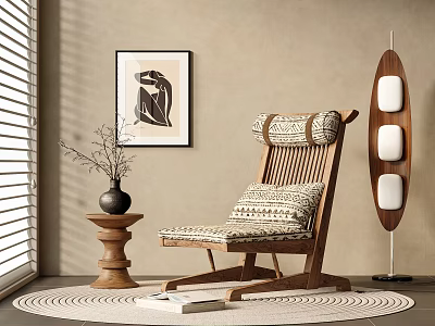 Comfortable Rattan Leisure Chair With Patterned Cushions Wooden Frame Small Side Table And Floor Lamp 3d model