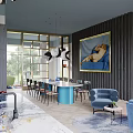 Luxury Dining Living Room Interior With Black Bookshelf Gold Chandelier And Round Table