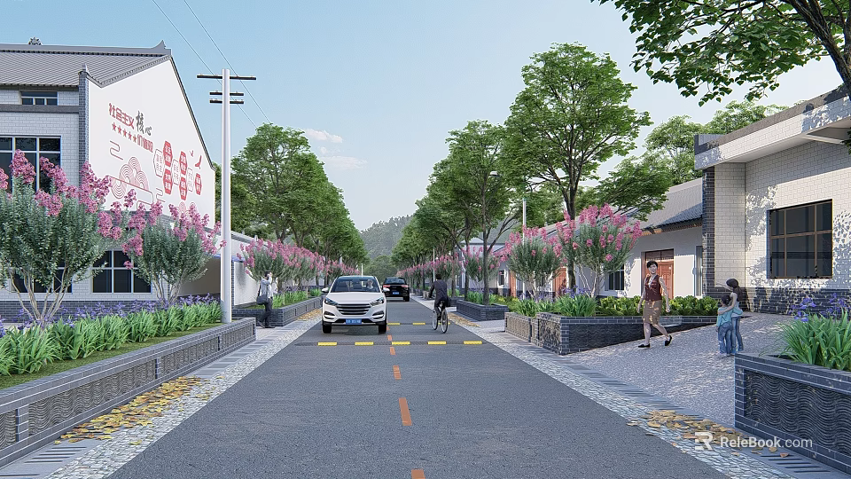 Rural Road Facilities With Trees Flowers Street Lamps And Pedestrian Walkways 3d model 