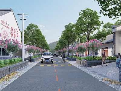 Rural Road Facilities With Trees Flowers Street Lamps And Pedestrian Walkways 3d model