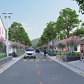 Rural Road Facilities With Trees Flowers Street Lamps And Pedestrian Walkways