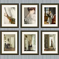 Six Framed Portrait Paintings Hanging on Striped Wall with Classic Frames