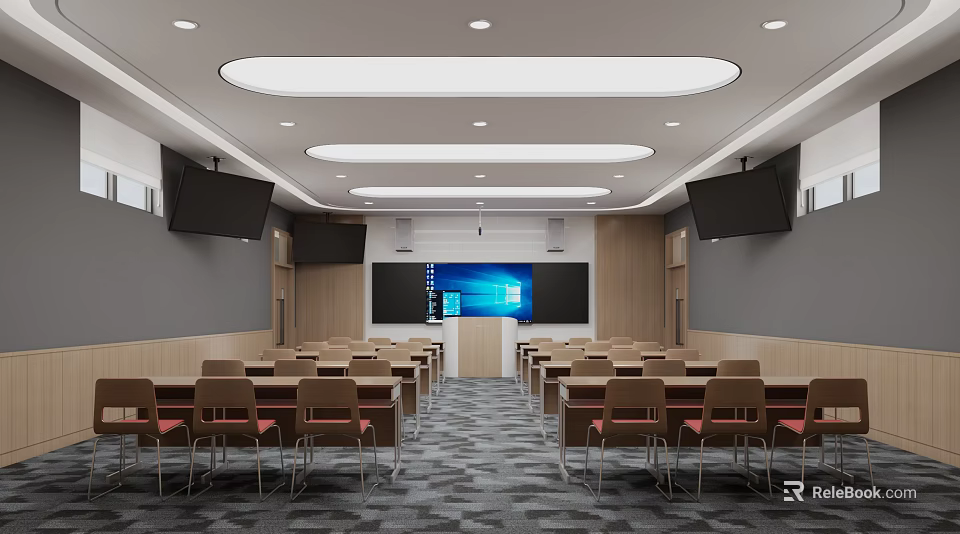 Modern School Classroom Interior With Desks Chairs Large Screen And Projector 3d model 