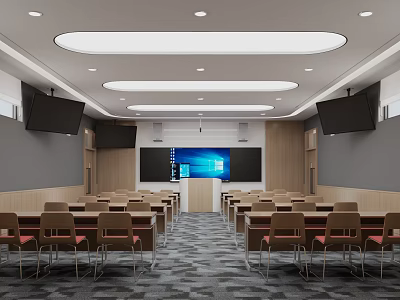Modern School Classroom Interior With Desks Chairs Large Screen And Projector 3d model