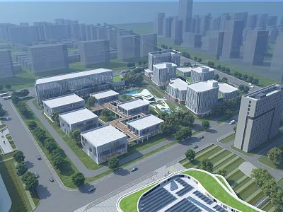 Modern Office Complex With Multiple Buildings Green Spaces And Urban Road Network 3d model