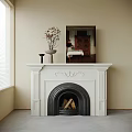 White Fireplace Mantel with Dried Flowers Vase Black Decorative Item Framed Painting Above Firewood Inside