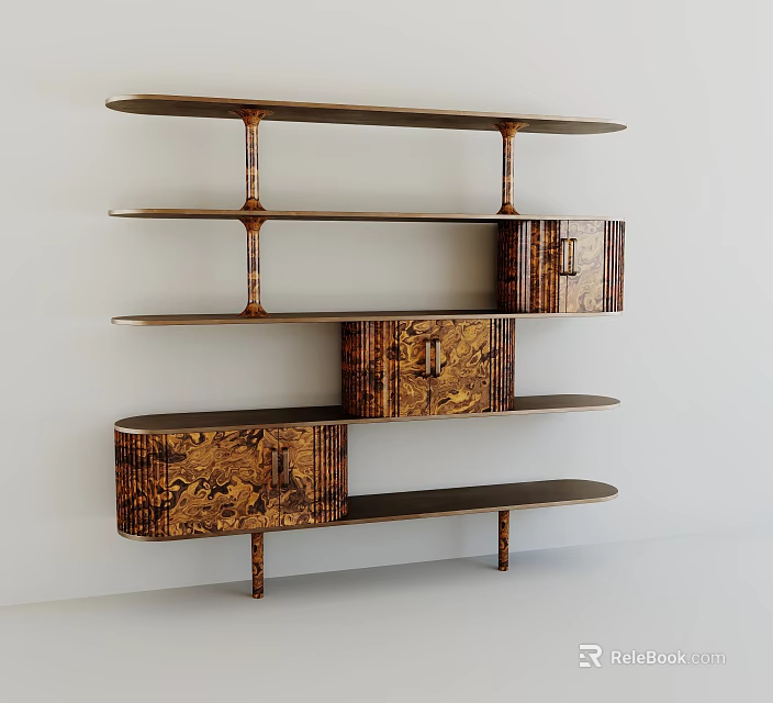 Modern Multi Tiered Bookcase With Wooden Pattern Shelves And Cabinet Doors 3d model 
