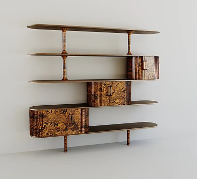 Modern Multi Tiered Bookcase With Wooden Pattern Shelves And Cabinet Doors 3d model