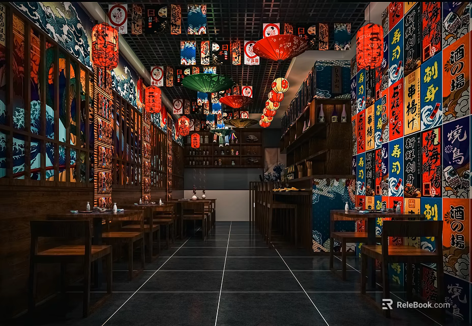 Traditional Asian Restaurant Interior With Red Lanterns Colorful Wall Decor And Wooden Tables 3d model 