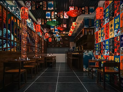 Traditional Asian Restaurant Interior With Red Lanterns Colorful Wall Decor And Wooden Tables 3d model