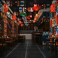 Traditional Asian Restaurant Interior With Red Lanterns Colorful Wall Decor And Wooden Tables