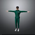 Man In Green Tracksuit With White Stripes Arms Outstretched On Gray Gradient Background