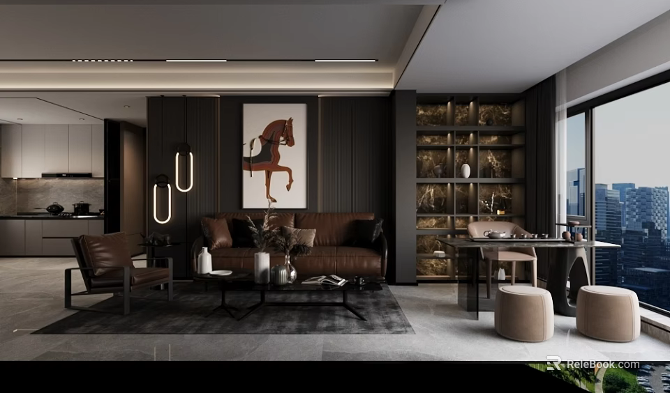 Modern Luxury Living Room Featuring Brown Sofa Horse Decor Painting Black Accent Wall And Bookshelf 3d model 