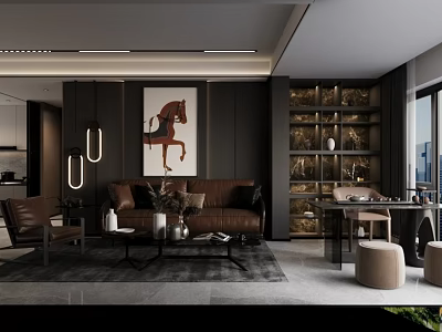 Modern Luxury Living Room Featuring Brown Sofa Horse Decor Painting Black Accent Wall And Bookshelf 3d model