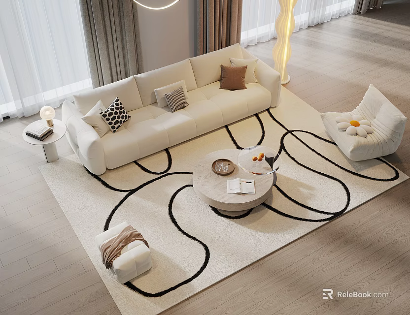 Modern White Sofa And Round Coffee Table Set With Decorative Pillows On Abstract Rug 3d model