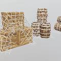 Decorative Ornament Set With Net Wrapped Wooden Boxes And Barrels