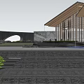 Modern Sales Office Building With Glass Curtain Walls Curved Wooden Roof And Landscaped Gardens