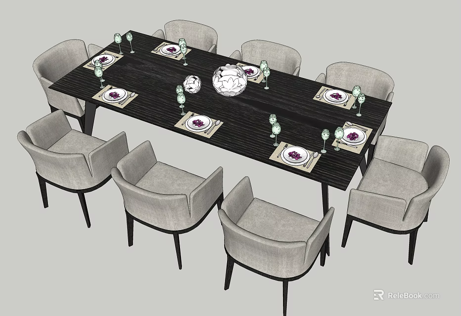 Black Dining Table Set With Eight Light Gray Chairs Tableware Wine Glasses And Central Decor 3d model