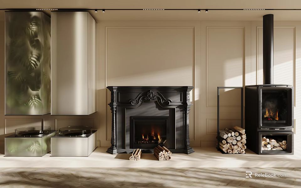 Elegant Modern Living Room With Black Carved Fireplace And Firewood Against Paneled Walls 3d model 