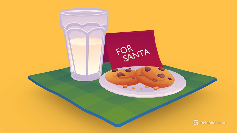 Glass of Milk and Cookies with FOR SANTA Card on Green Plaid Placemat 3d model 