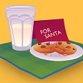 Glass of Milk and Cookies with FOR SANTA Card on Green Plaid Placemat