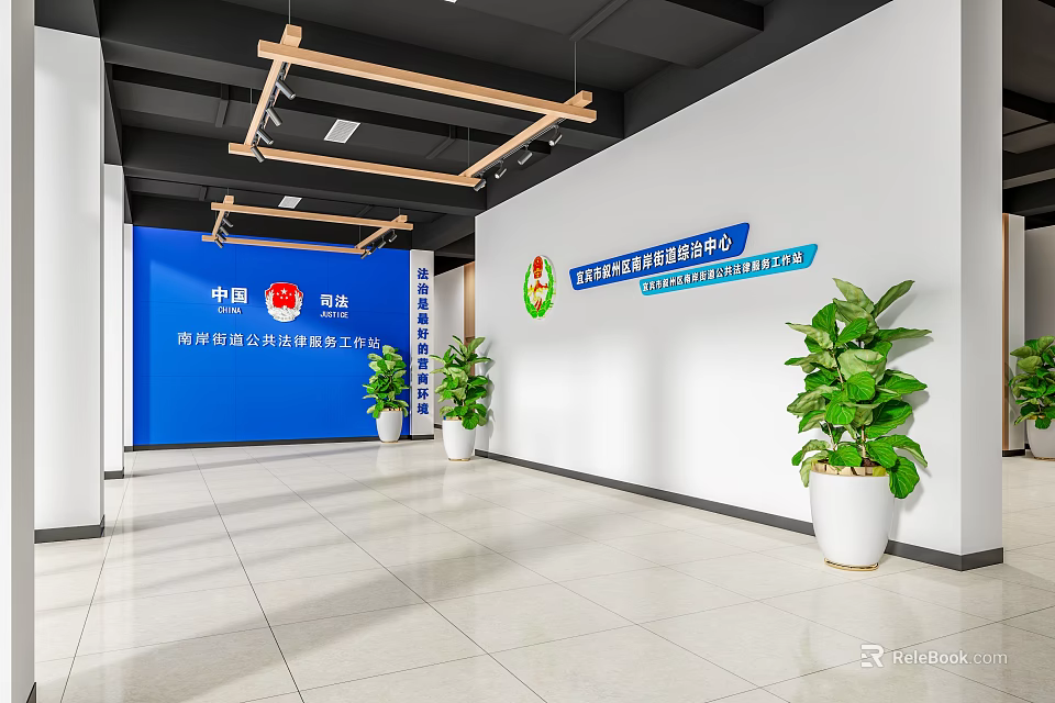 Spacious Government Service Hall Interior With Blue Backdrop Green Logo And Potted Plants 3d model 