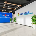 Spacious Government Service Hall Interior With Blue Backdrop Green Logo And Potted Plants
