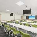 Modern Classroom Interior With Green Chairs White Desks And Large Front Screen