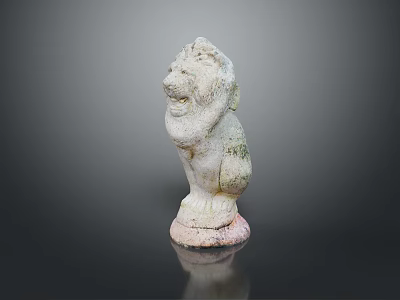 Weathered Stone Lion Statue With Round Base Grayish White Tone Dark Background And Reflection 3d model